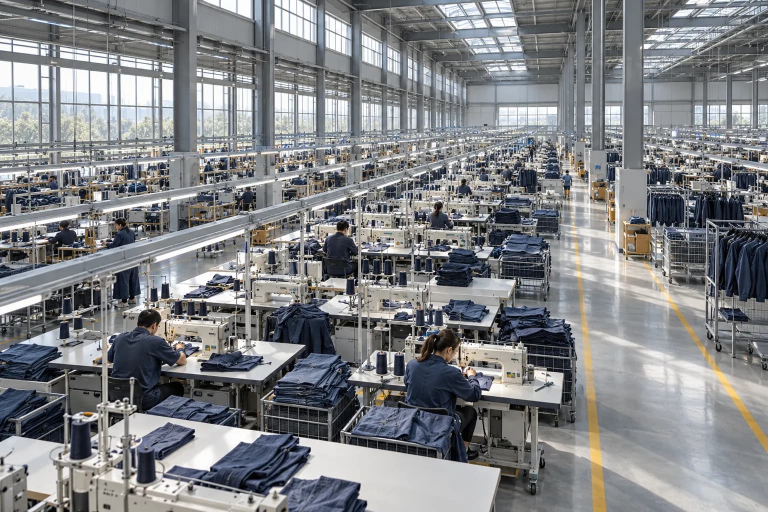 Apparel production floor, illustrative generated photograph