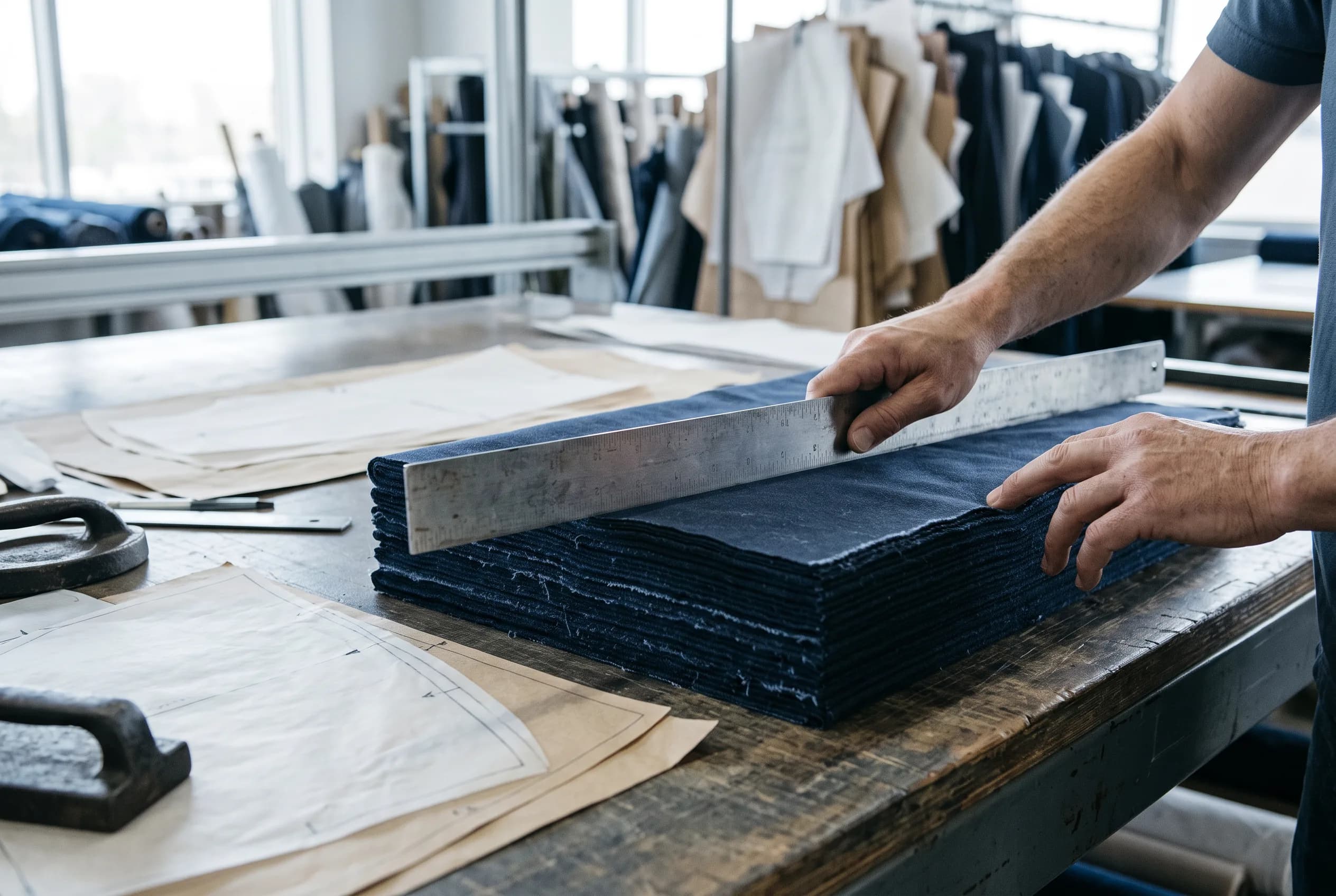 An apparel worker checks layers of indigo fabric on a cutting table, generated illustration