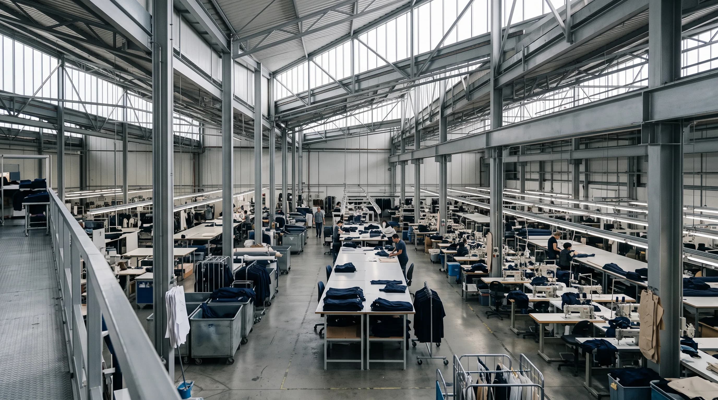 An apparel production hall with parallel workstations and indigo fabric, generated illustration